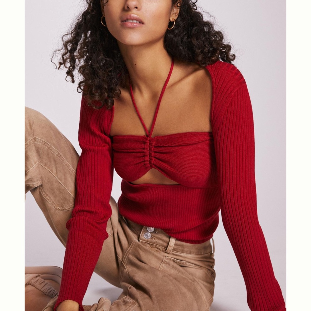 Maeve Red Ribbed Cutout Long-Sleeve Sweater